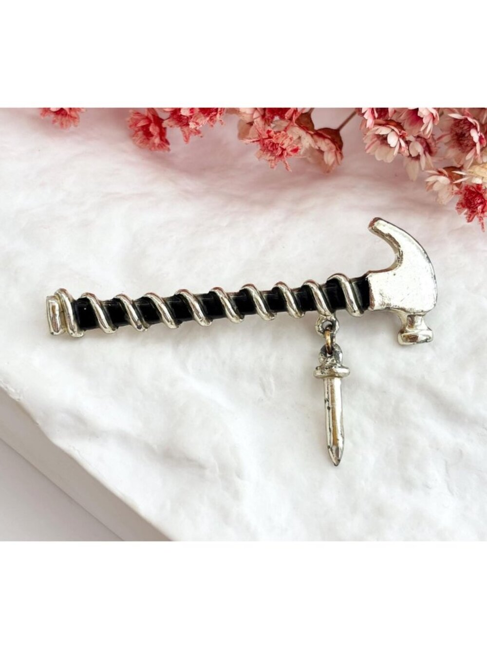 Hammer & Nail Shaped Charm Hanging Vintage Gold Toned Brooch Pin